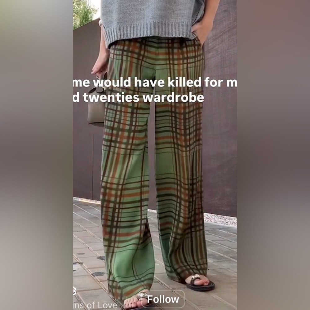 Zara Green Plaid Wide-Leg Pants